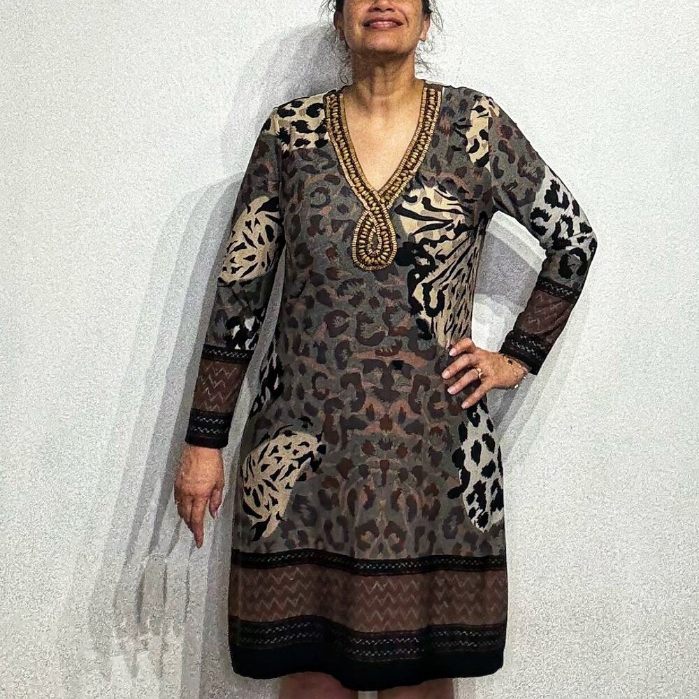 Calessa Brown Animal Print Vintage Midi Dress Sz XL